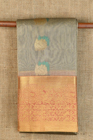 Traditional Zari Border With Peacock Motif Grey Taupe Kora Silk Cotton Saree