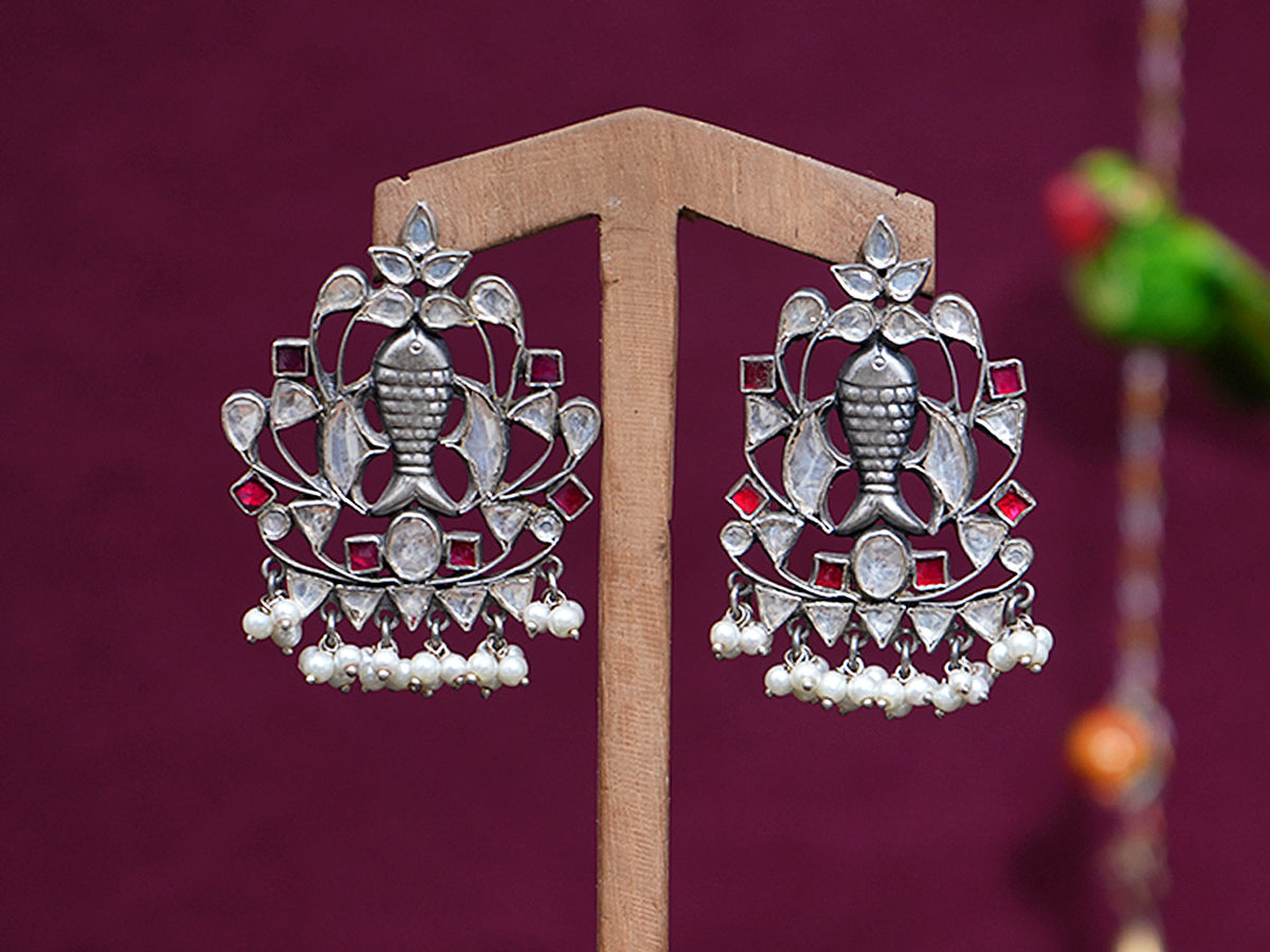 Fish Design Red And White Stone Pure Silver Earrings