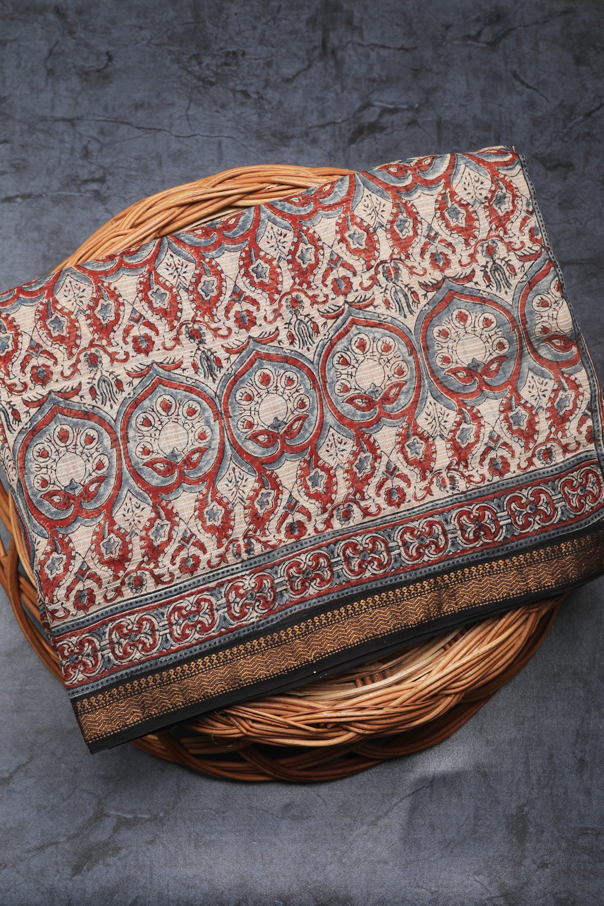 Ajrakh Hand Block Printed Ivory Cotton Saree
