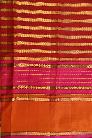 Rettai Pettu Border Veldhari Stripes Rani Pink And Orange Kanchipuram Silk Saree