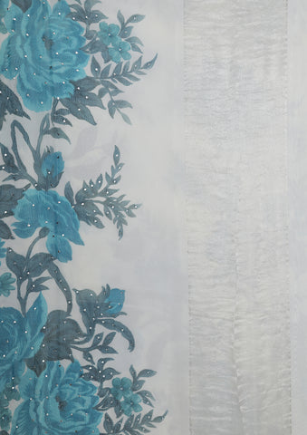 Badla Work And Botanical Digital Printed Grey And Blue Chiffon Saree