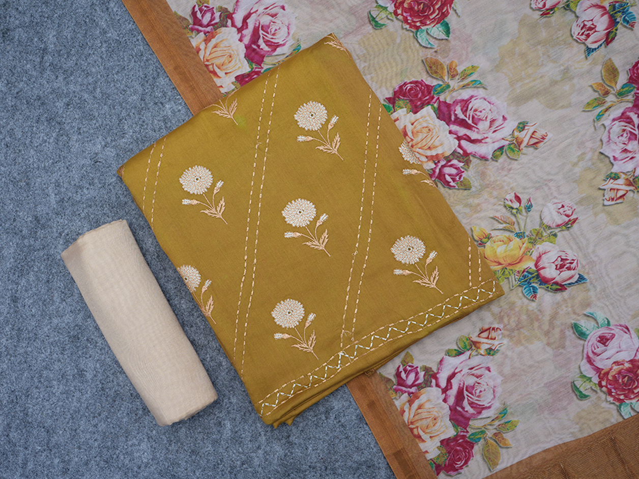 Floral Design Golden Yellow Cotton Unstitched Salwar Material