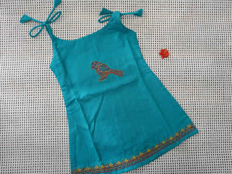 Embroidered With Tie-Up Set Of 2 Green Cotton Baby Frock