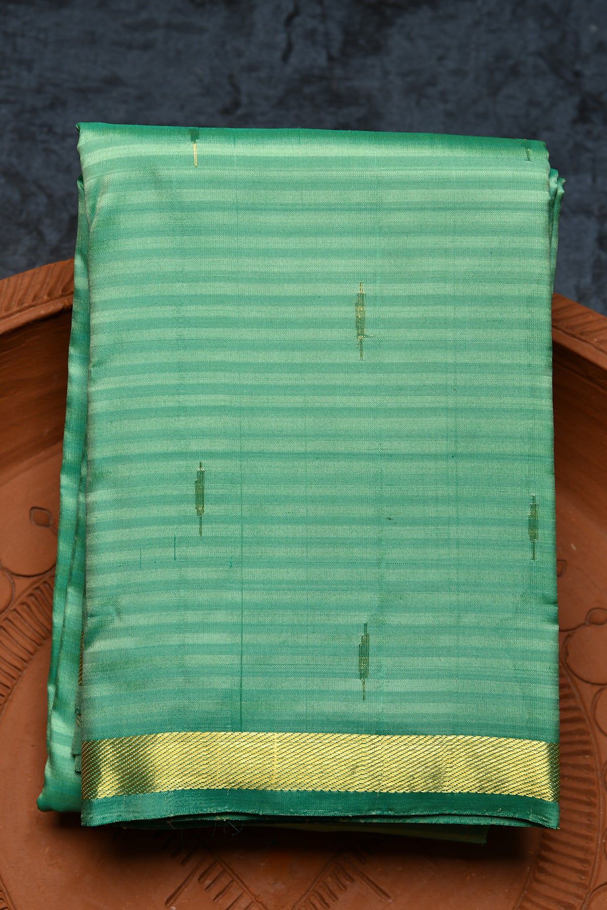 Small Zari Border With Monochrome Stripes And Rain Drops Mint Green Kanchipuram Silk Saree
