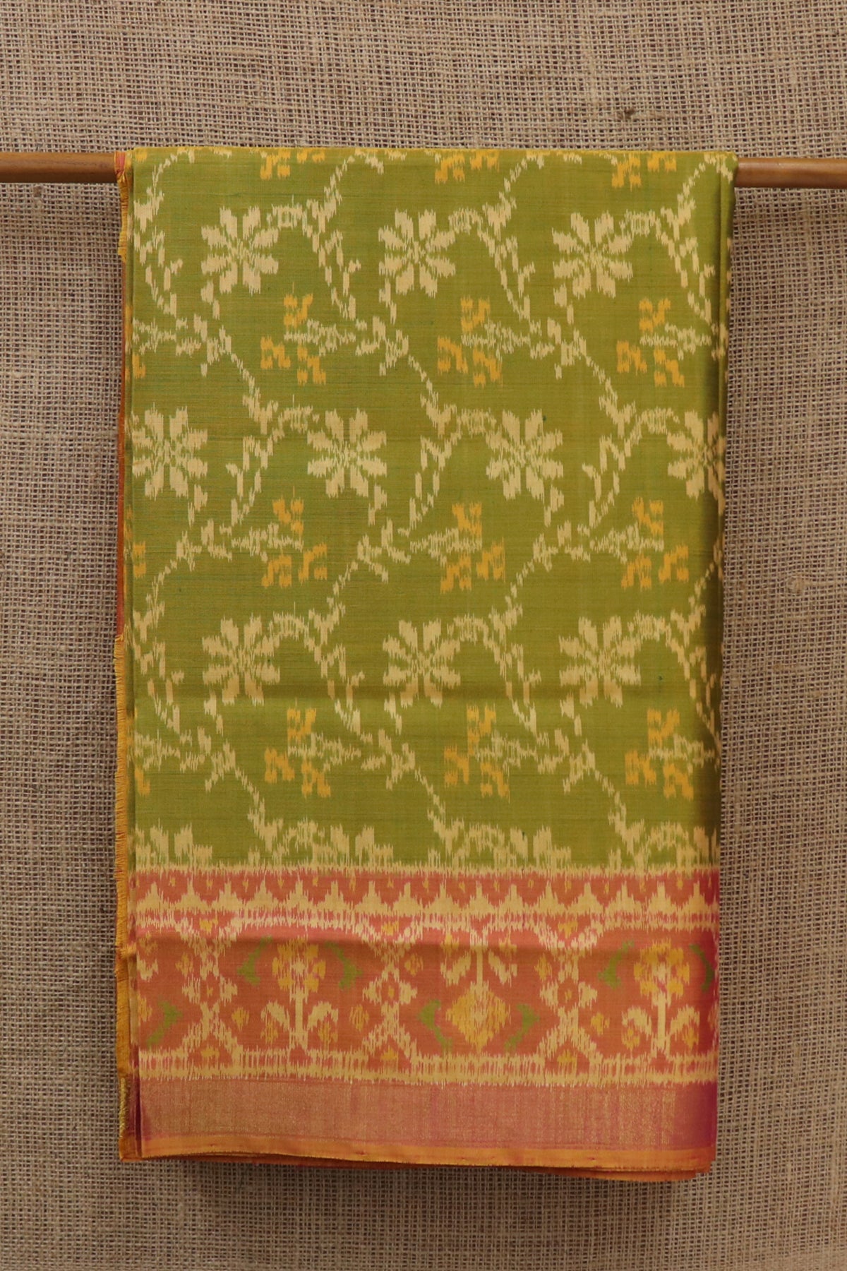 Contrast Border Floral Design Olive Green Patola Silk Saree