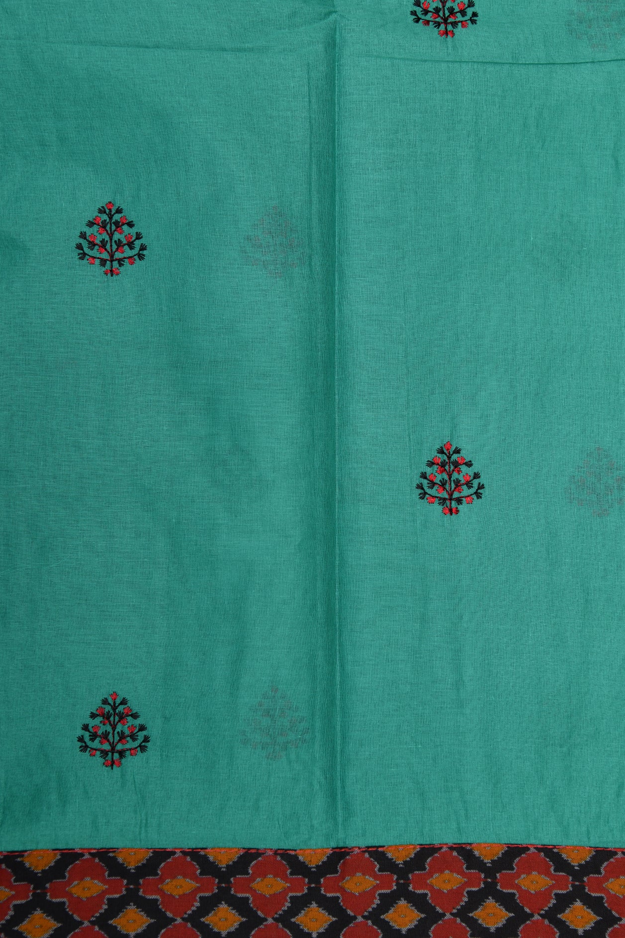 Patola Design Border With Embroidered Leaf Butta Sea Green Ahmedabad Cotton Saree