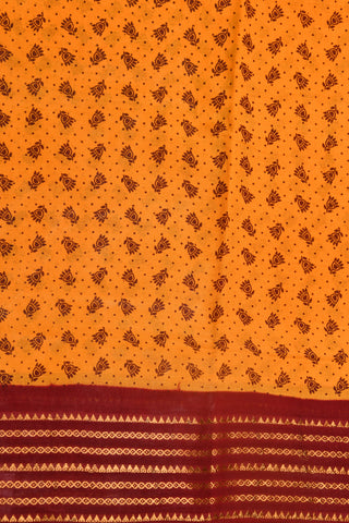 Contrast Zari Stripes Border With Floral Printed Yellow Sungudi Cotton Saree