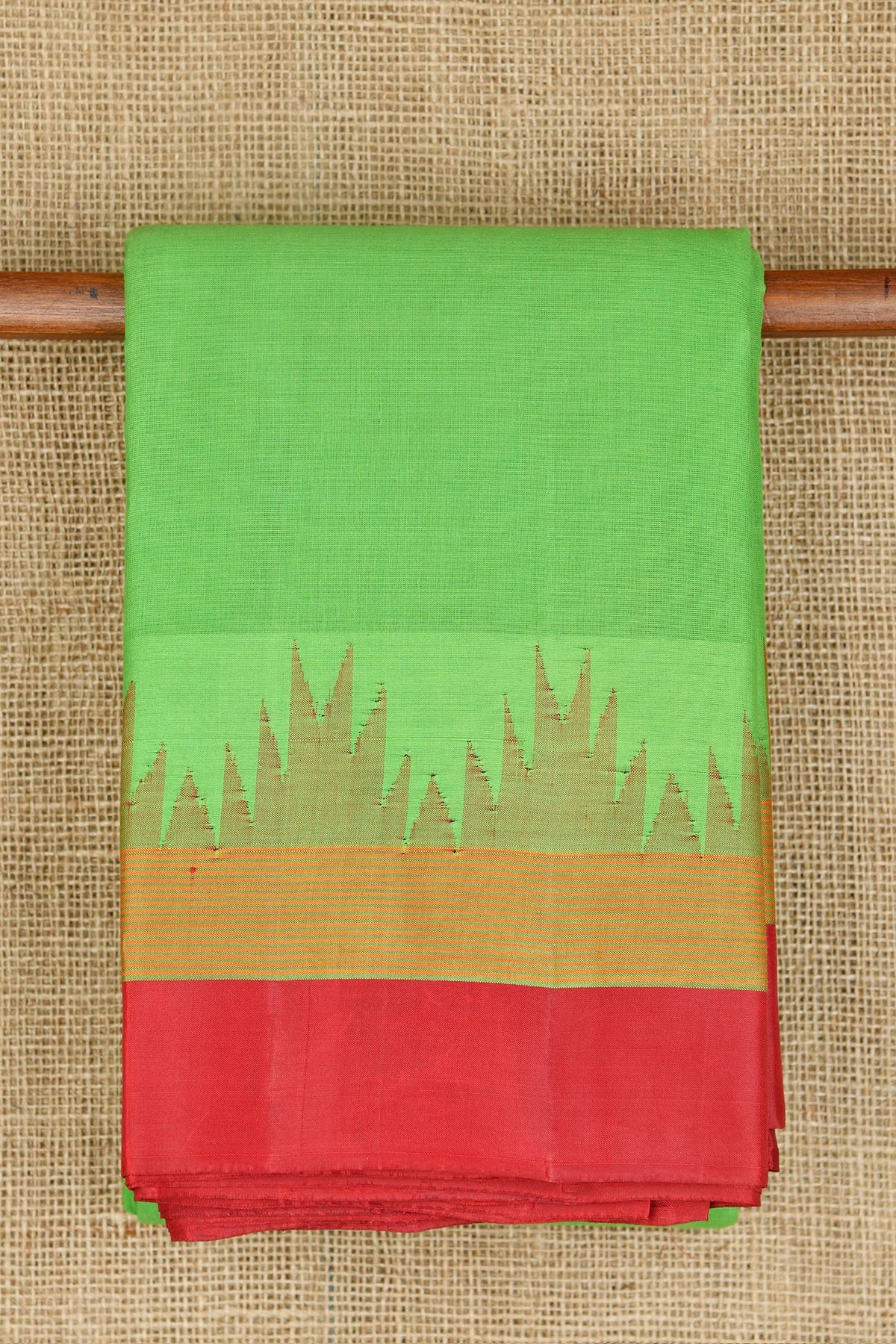 Contrast Silk Border With Temple Design Parrot Green Kanchi Cotton Saree