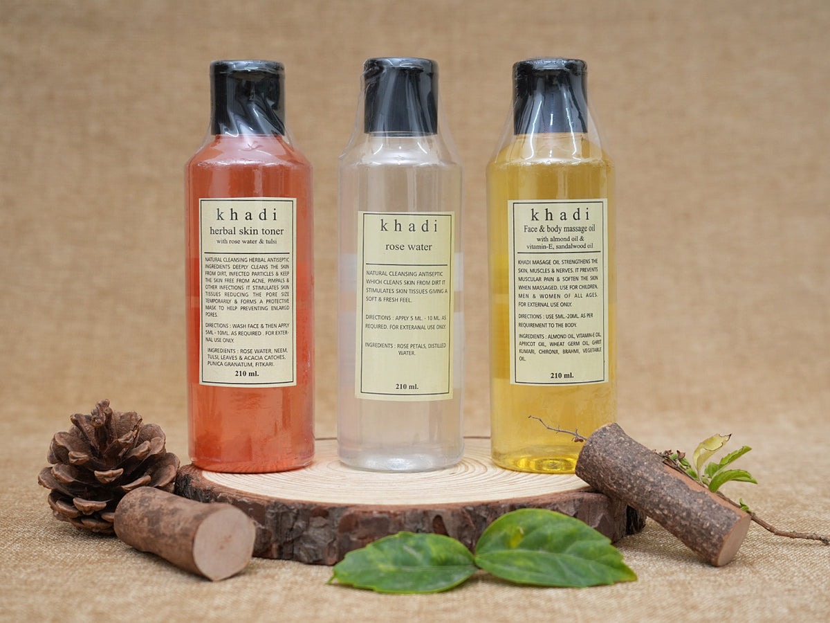 Set Of 3 Herbal Skin Toner, Rose Water And Massage Oil
