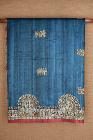Warli Design Printed Prussian Blue Tussar Silk Saree