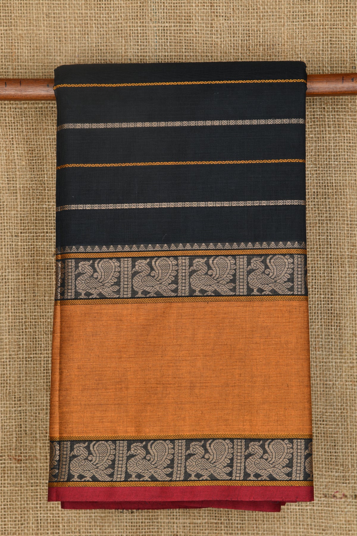 Traditional Thread Work Peacock Border With Stripes Body Black Coimbatore Cotton Saree
