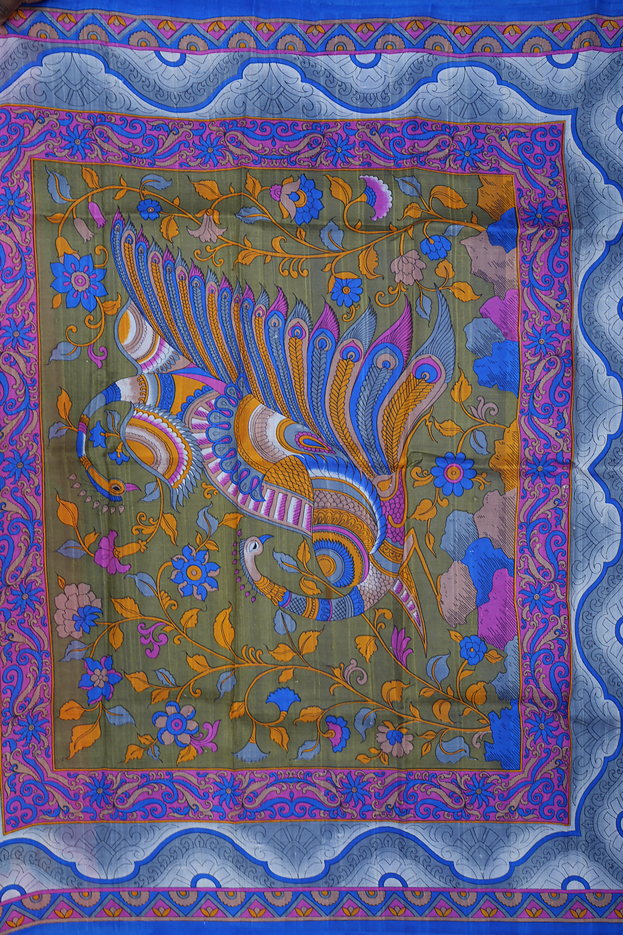 Peacock Design Magenta Printed Silk Saree