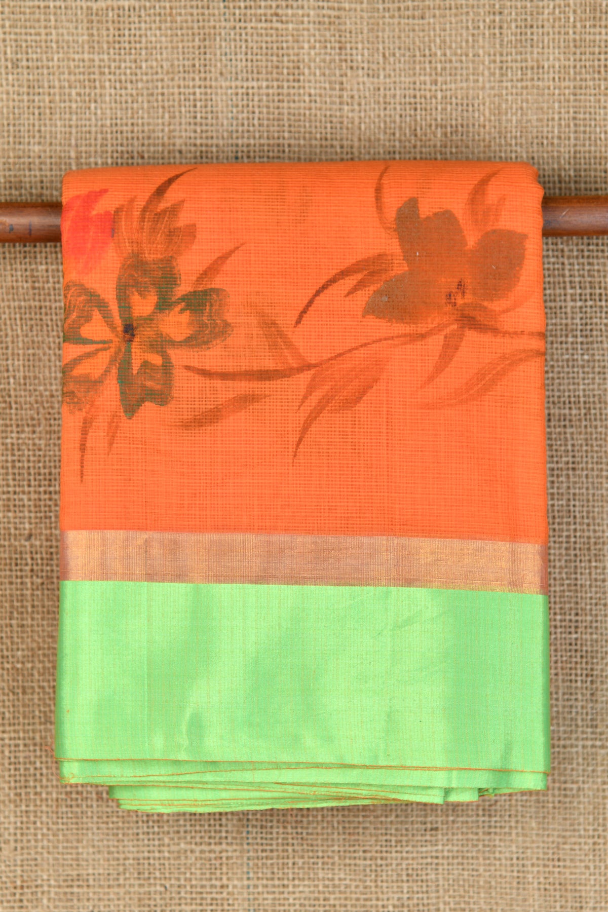 Contrast Border With Floral Digital Printed Orange Kota Cotton Saree