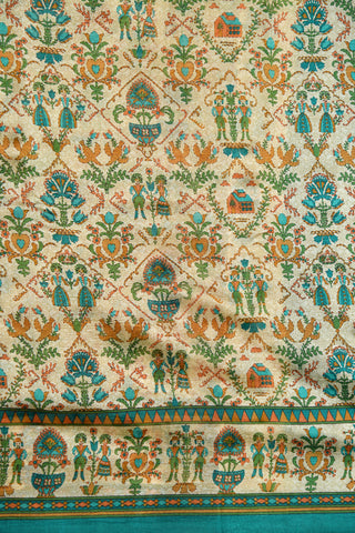 Geometric Pattern Warli Art Design Cream And Pine Green Raw Silk Saree