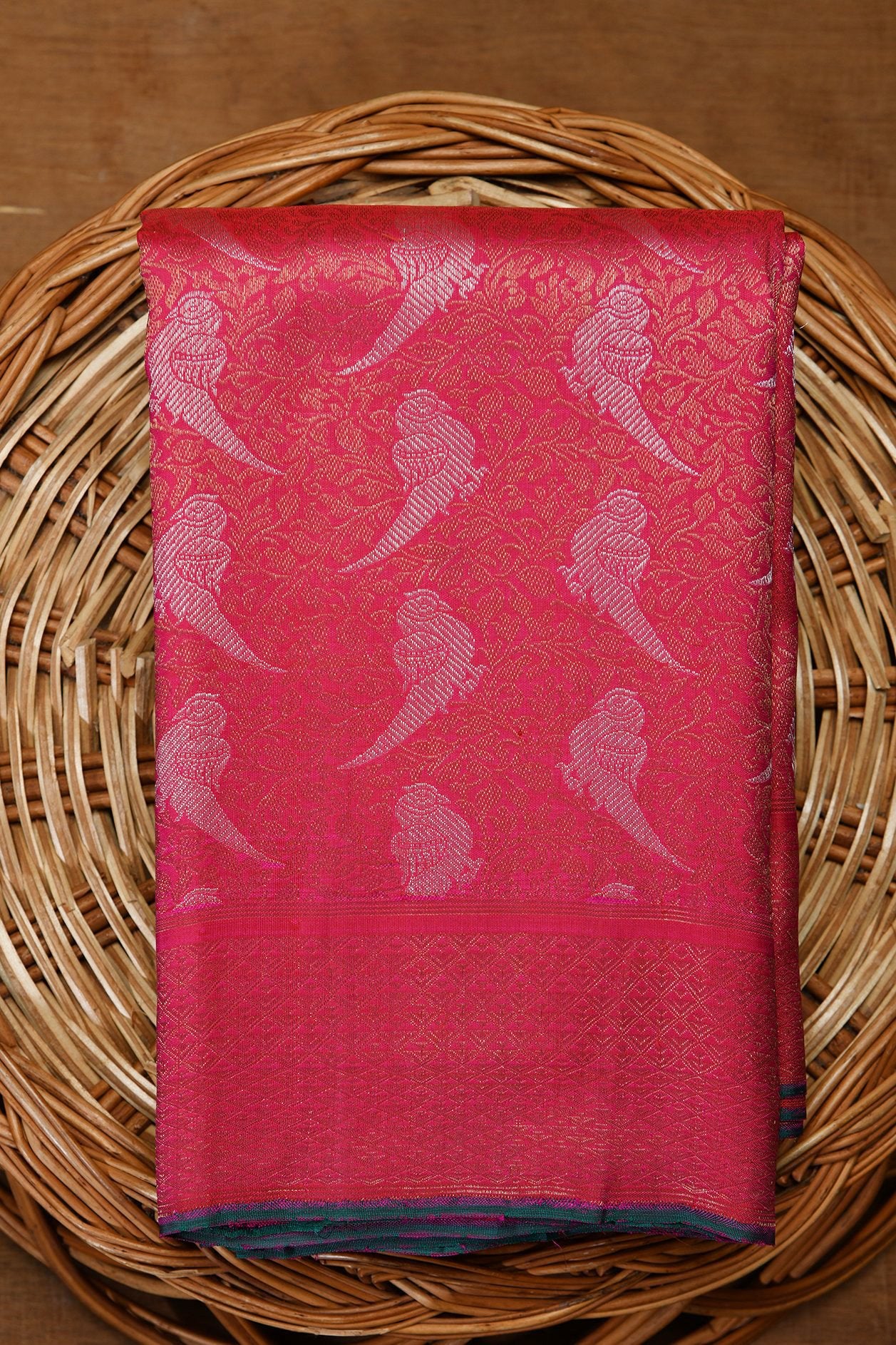Parrot Motif Punch Pink Kanchipuram Silk Saree