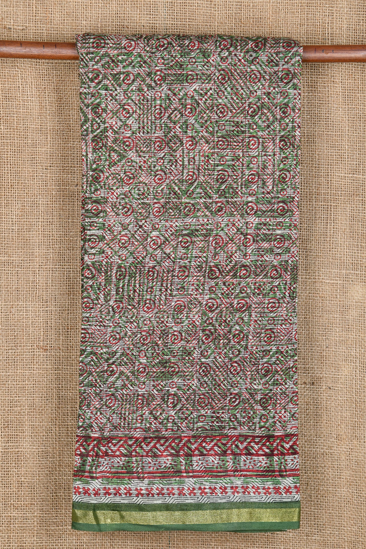 Small Zari Border With Allover Pattern Grey And Green Chanderi Printed Cotton Saree