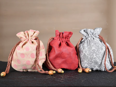 Assorted Set Of 3 Tussar Cotton Potli Bags