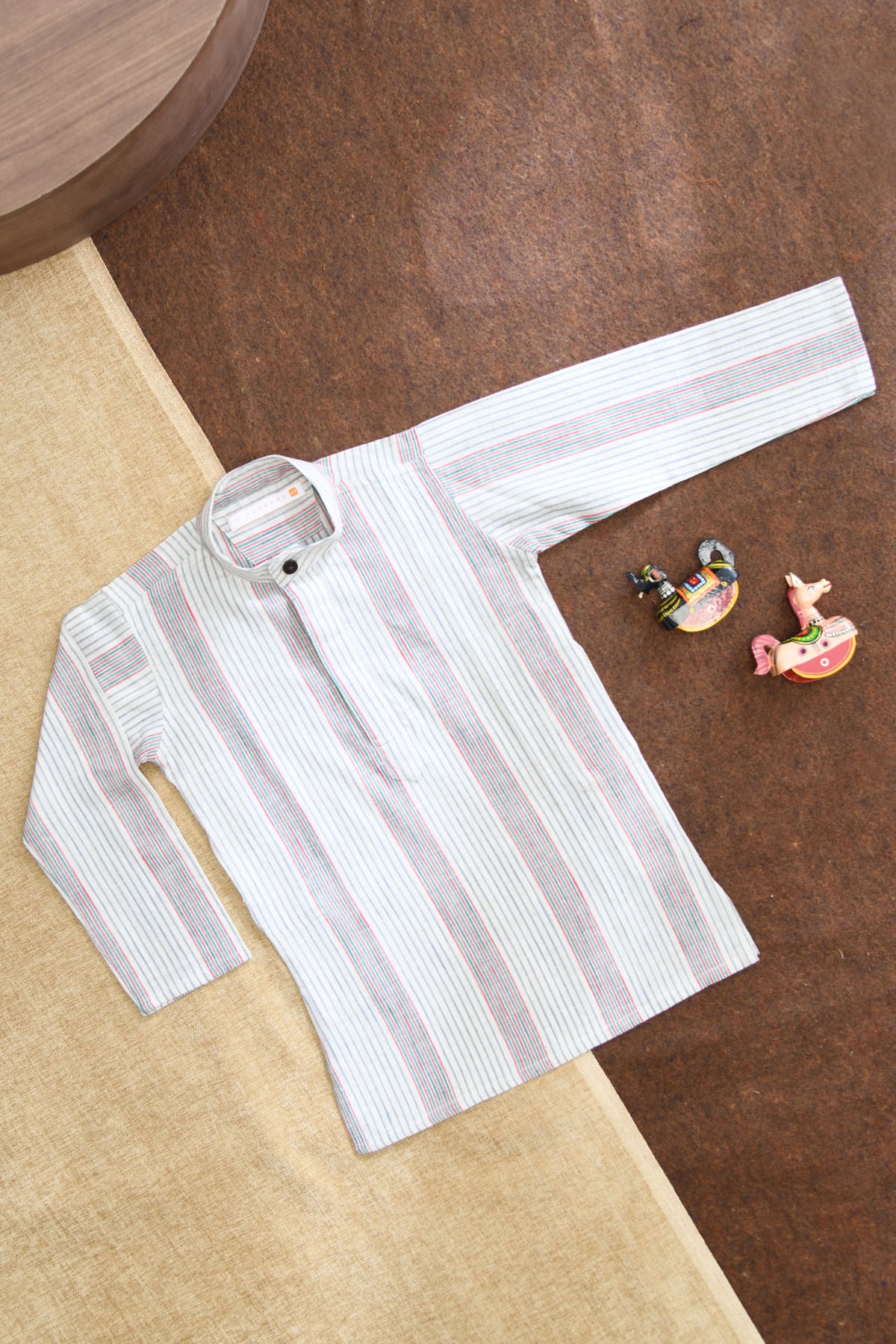 Chinese Collar Closed Placket With Monochrome Stripes Off White Cotton Kurta