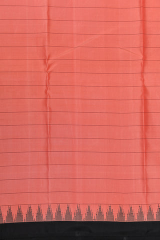 Thread Work Temple Border With Stripes Coral Pink Kanchipuram Silk Saree