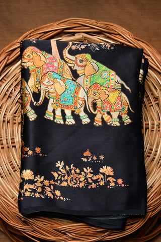 Elephant Design Digital Printed Black Satin Crepe Saree