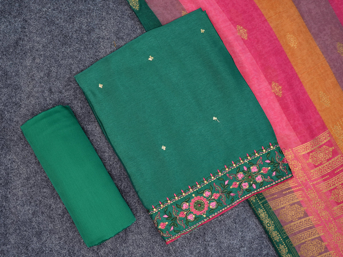 Embroidered Border With Chumky Work Green Soft Tussar Unstitched Salwar Material