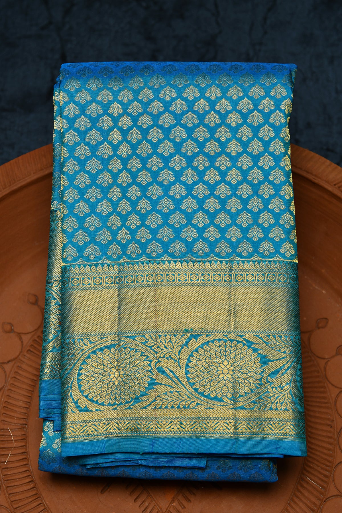 Floral Border With Small Buttis Body Azure Blue Kanchipuram Silk Saree