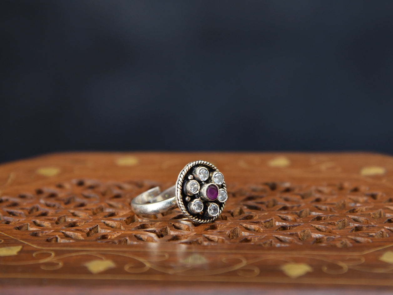 Pure Silver Purple And White Stones Adjustable Ring