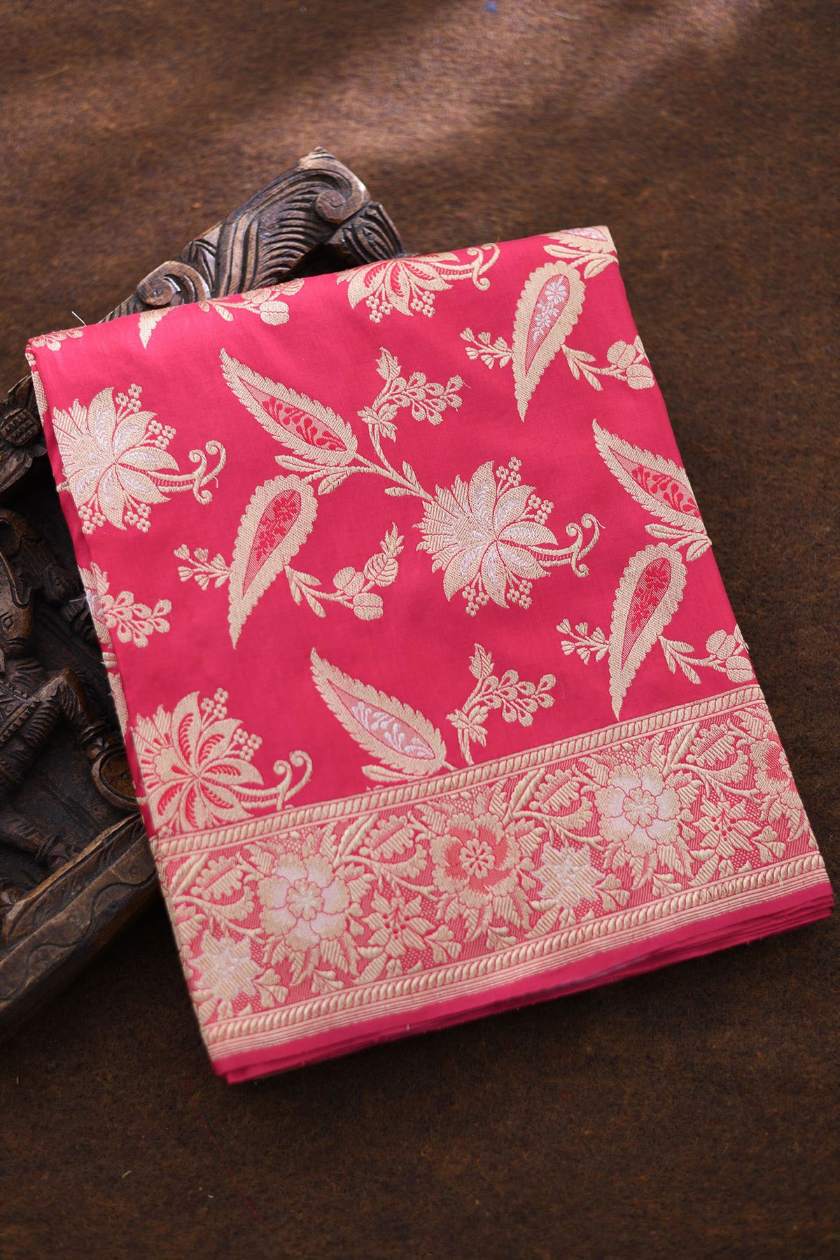 Floral Zari Border With Paisley Design Rani Pink Banaras Silk Saree