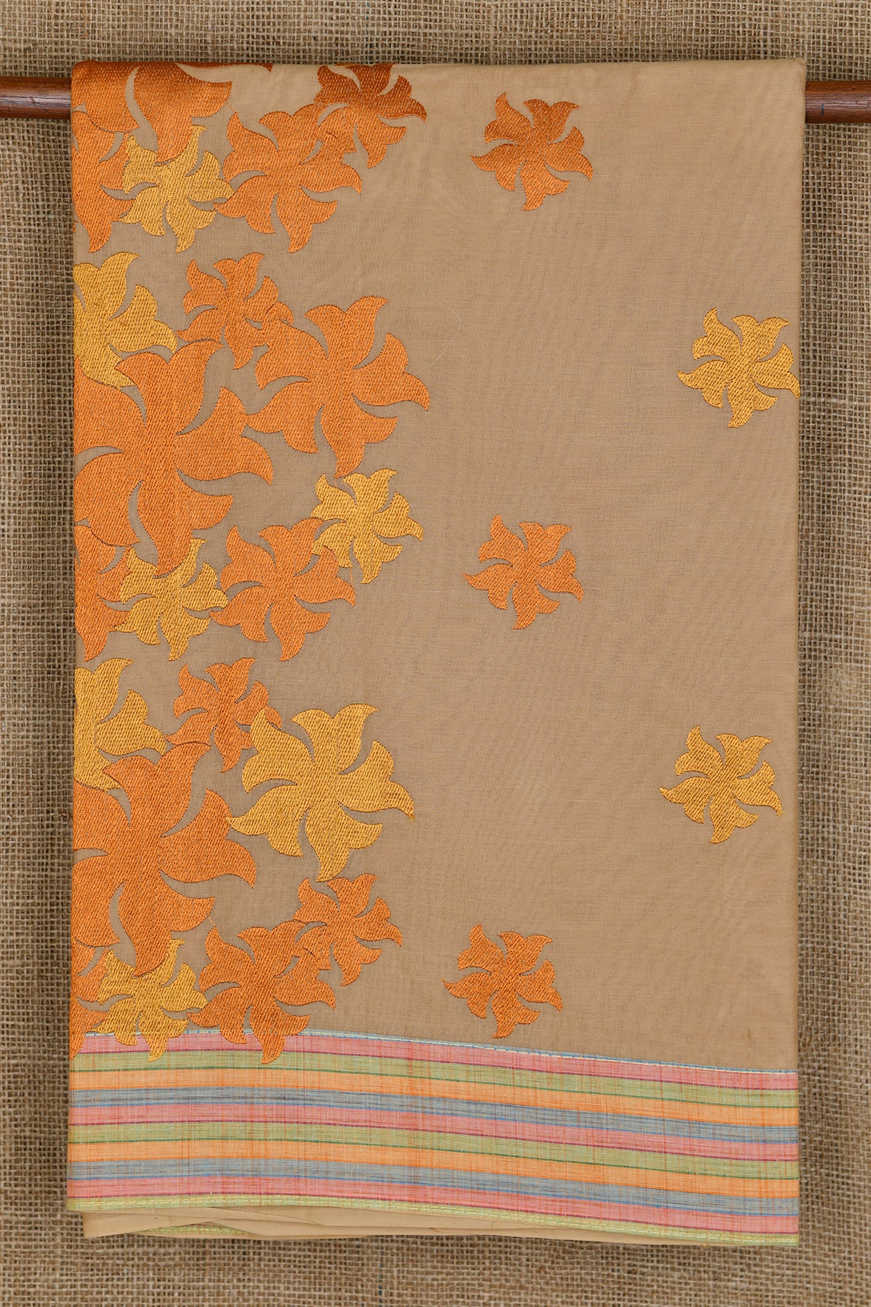 Pastel Stripes Border With Embroidered Floral Design Beige Ahmedabad Cotton Saree