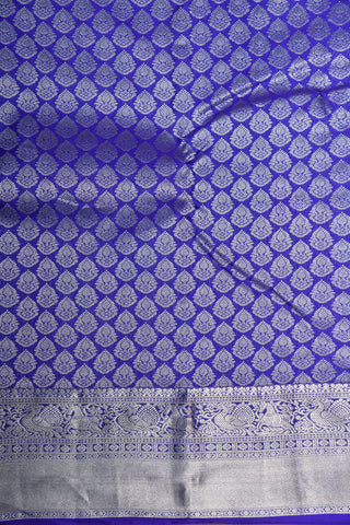 Silver Zari Peacock And Yazhi Design Border With Buttis Cobalt Blue Kanchipuram Silk Saree