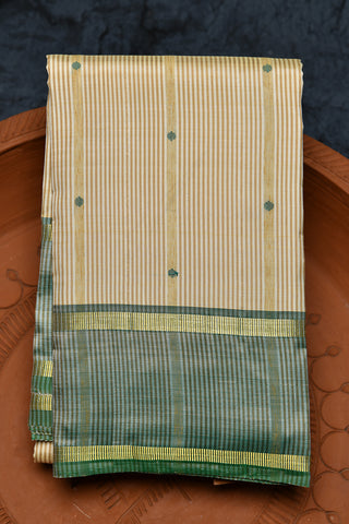 Rettai Pettu Border With Monochrome Stripes And Thread Work Dots Ivory Kanchipuram Silk Saree