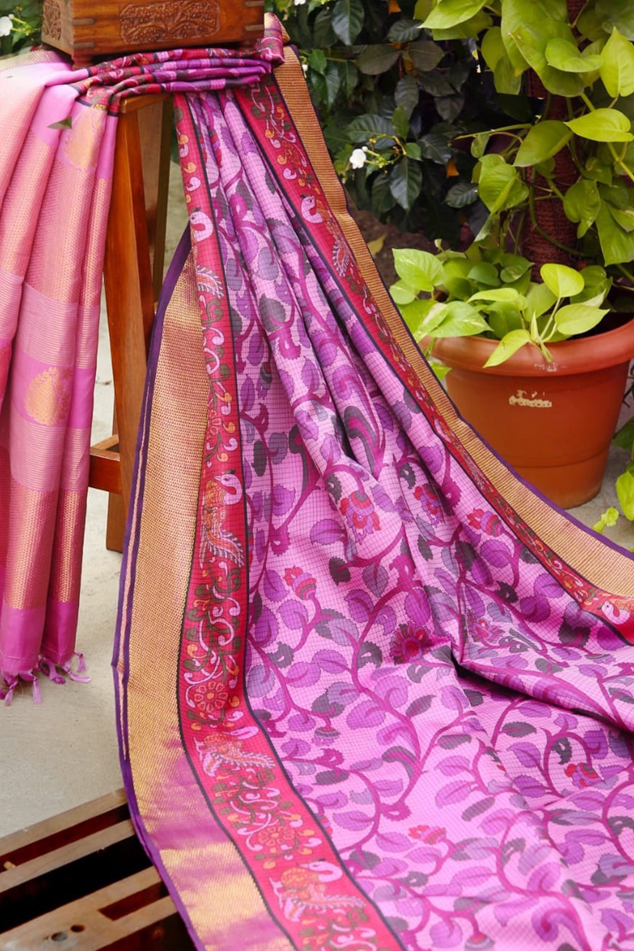 Arai Madam Border With Floral Creepers Design Purple Kanchipuram Silk Saree
