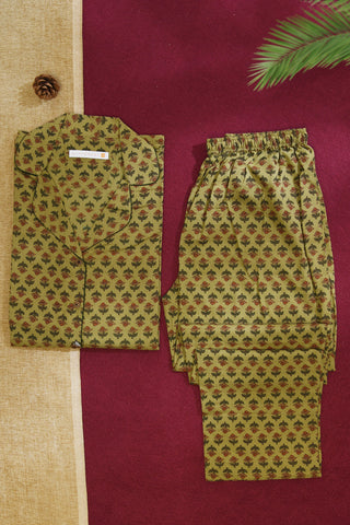 Camp Collar Top And Pant Set With Contrast Piping In Mehandi Green Jaipur Printed Cotton Womens Night Suit