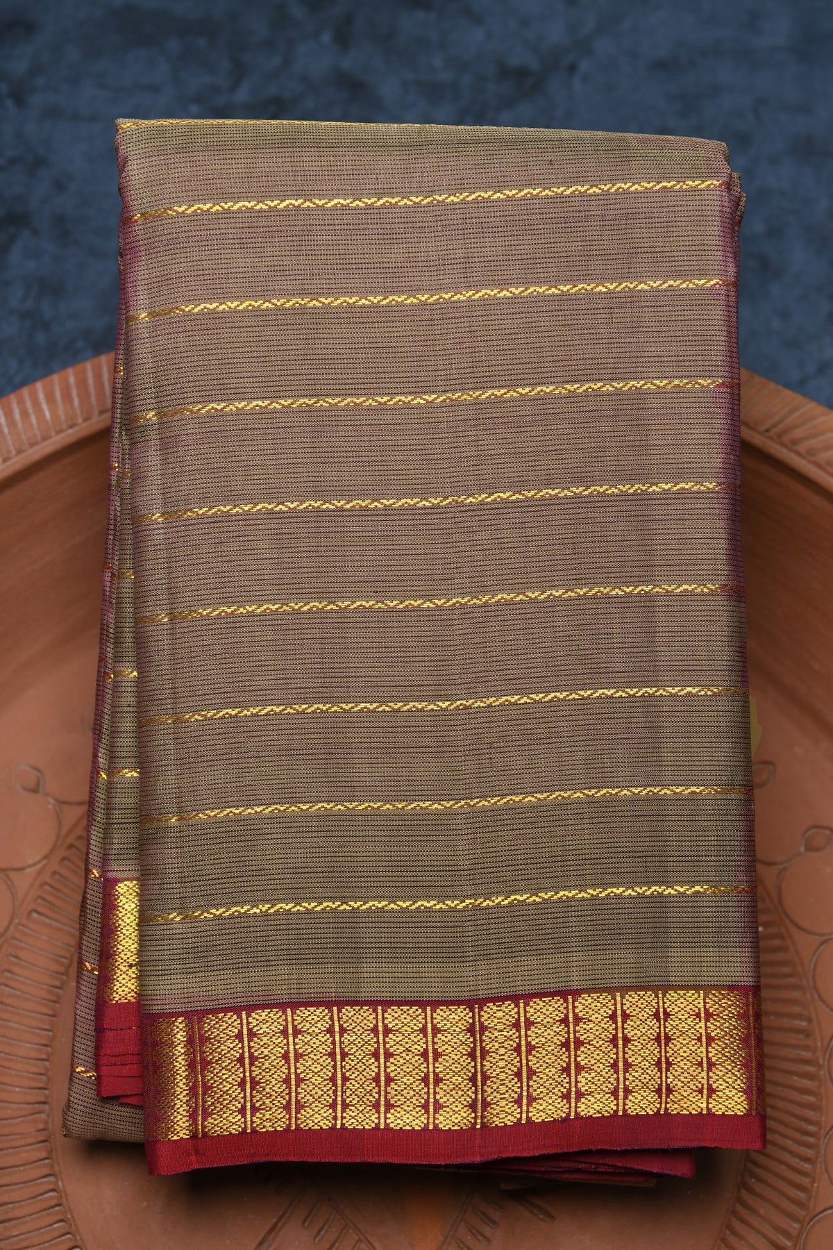 Rudraksh Zari Border With Veldhari Stripes Chocolate Brown Kanchipuram Silk Saree