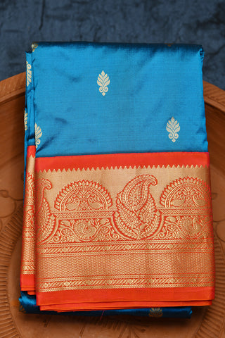 Contrast Border With Bindi Buttis Cerulean Blue Kanchipuram Silk Saree