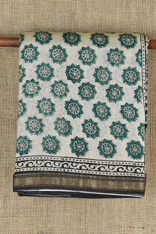 Rangoli Floral Design Peacock Green Maheswari Silk Cotton Saree