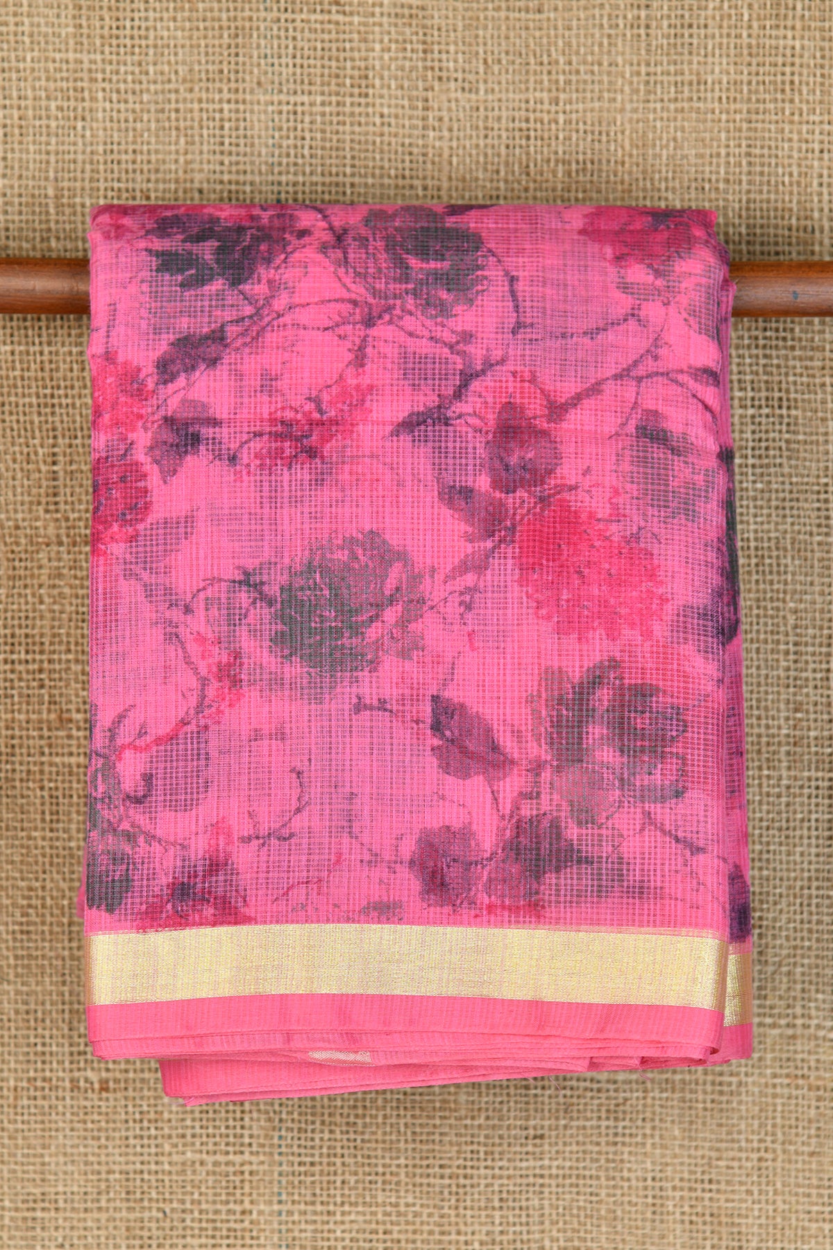 Small Zari Border With Floral Design Rose Pink Kota Cotton Saree