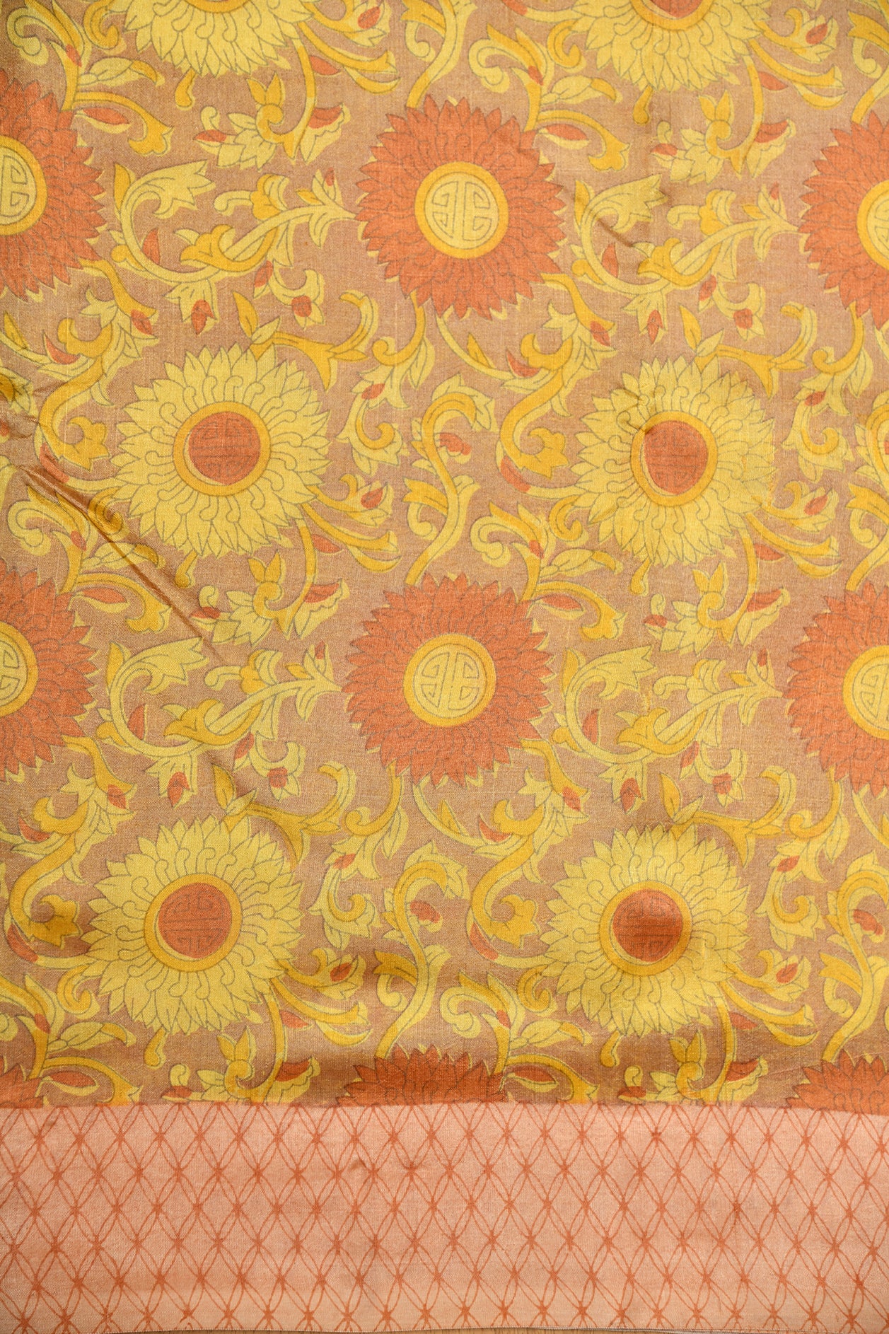 Geometric Pattern Border  Sunflower Design Yellow Raw Silk Saree
