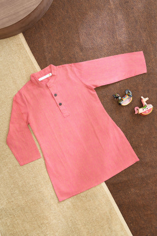 Chinese Collar Placket In Stripes Pink Cotton Easy Fit Kurta