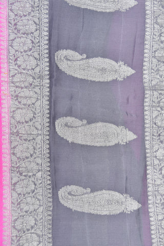 Silver Zari Floral Border With Buttis Hot Pink Banaras Georgette Saree