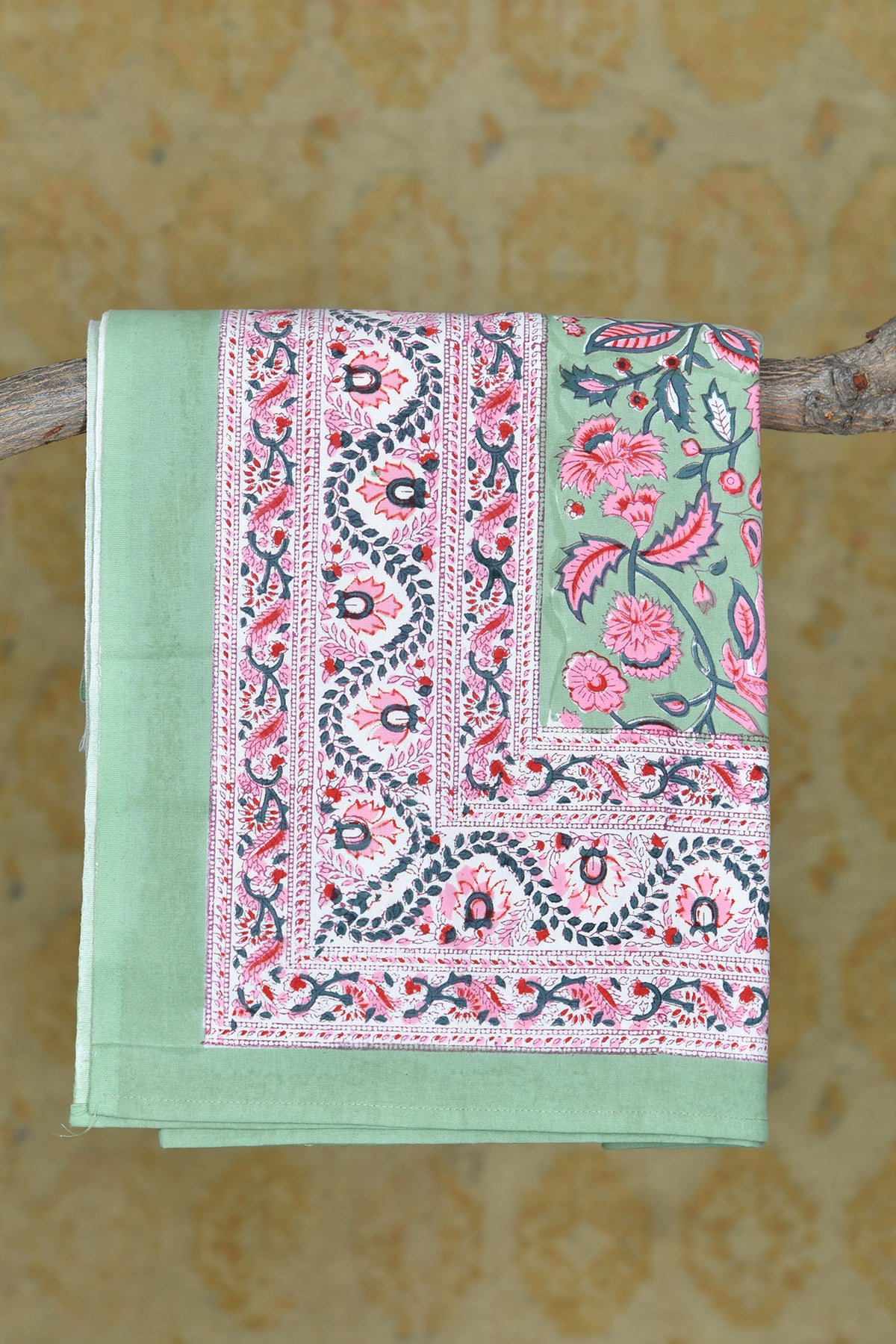 Mint Green With Pastel Pink And Red Persian Floral Printed Pure Cotton Single Bedspread