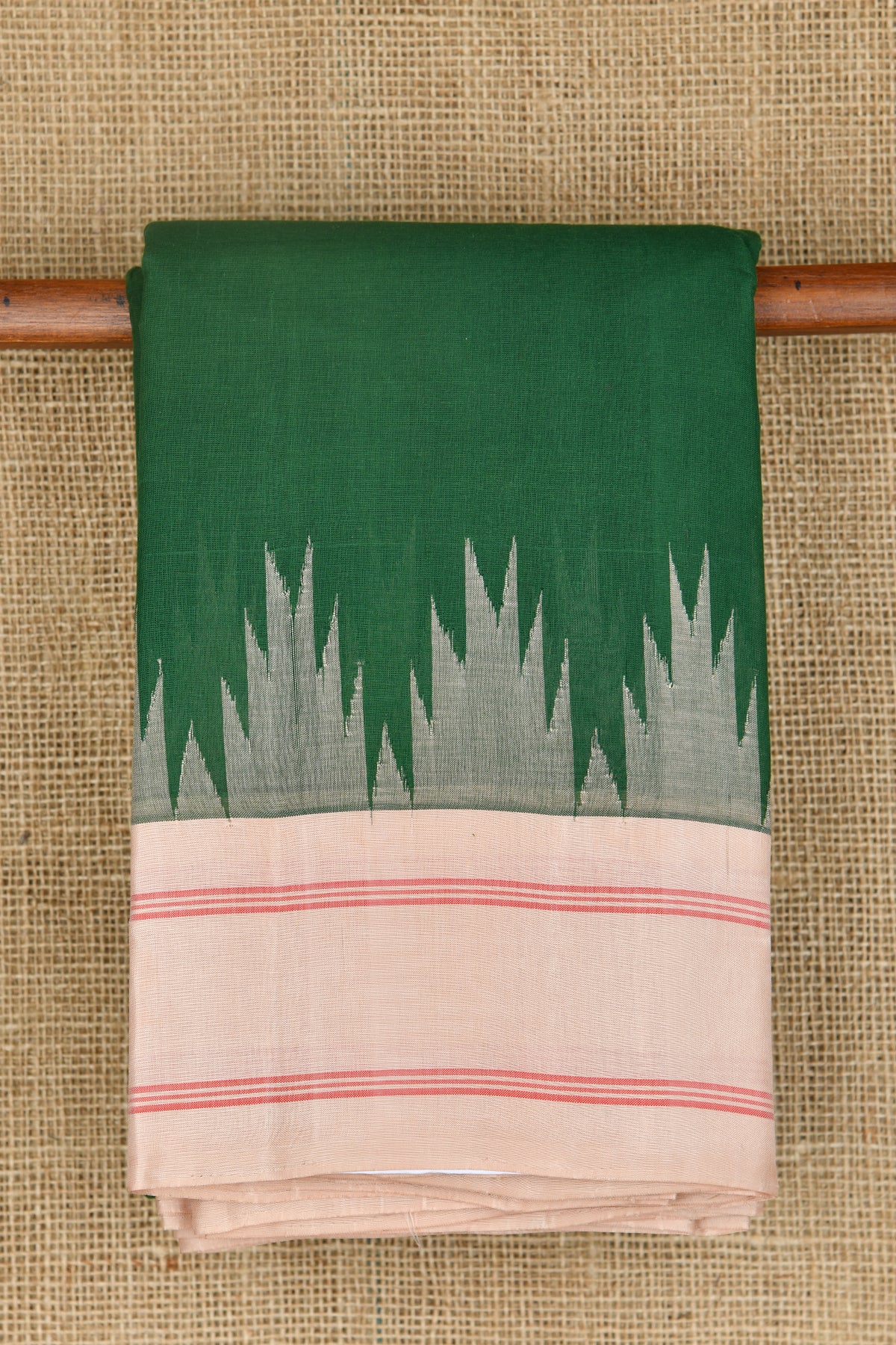 Contrast Silk Border With Temple Design Bottle Green Kanchi Cotton Saree