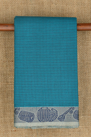 Musical Instruments Thread Work Border With Checks Peacock Blue Chettinadu Cotton Saree
