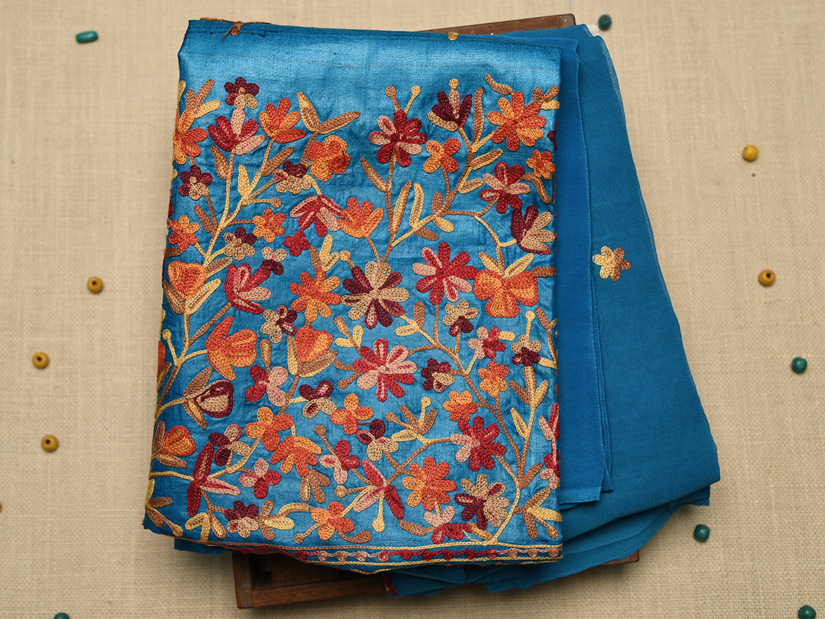 Embroidered Floral Design Teal Blue Tussar Silk Unstitched Salwar Material