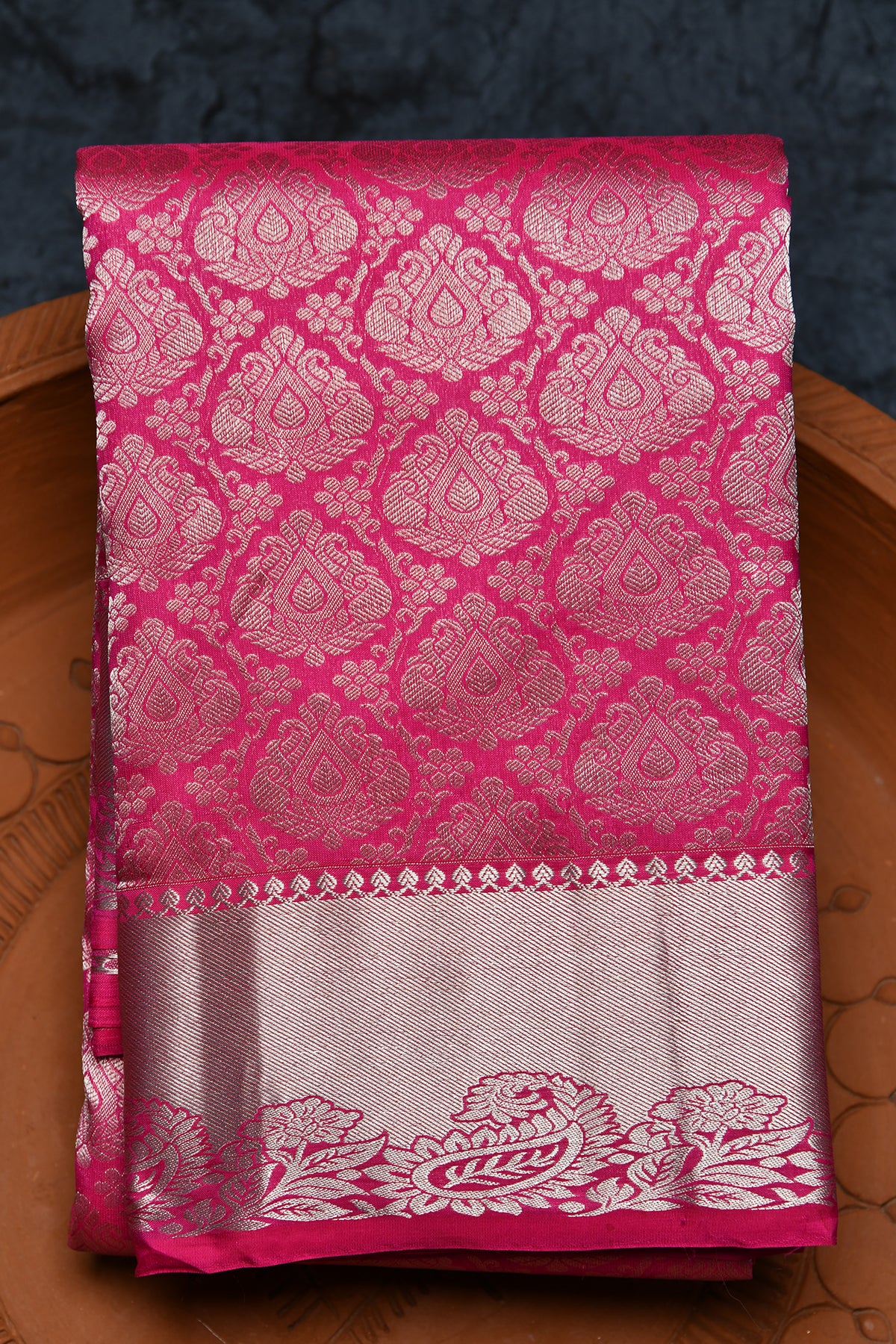 Brocade Silver Zari Paisley Floral Border With Butta Magenta Pink Kanchipuram Silk Saree
