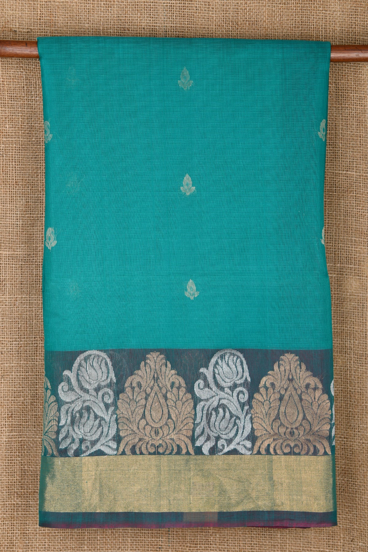 Traditional Zari Border With Buttis Teal Green Silk Cotton Saree