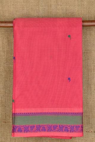 Floral Thread Work Border With Buttis Watermelon Pink Coimbatore Cotton Saree
