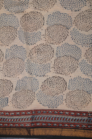 Marigold Design Ajrakh Ivory Hand Block Printed Cotton Saree