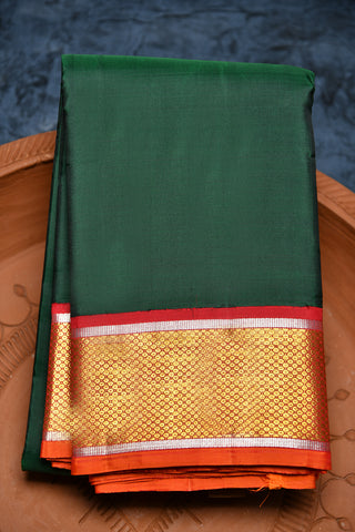 Korvai Gold And Silver Zari Red Colour Border Bottle Green Kanchipuram Silk Saree
