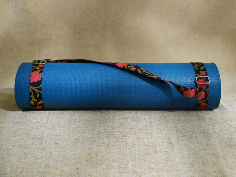 Black Printed Cotton Yoga Mat Bag With Belt